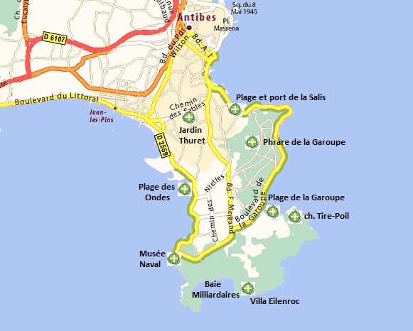 Carte du Cap d'Antibes avec les points d'intérêt