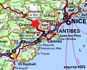 Carte de Grasse dans les Alpes Maritimes