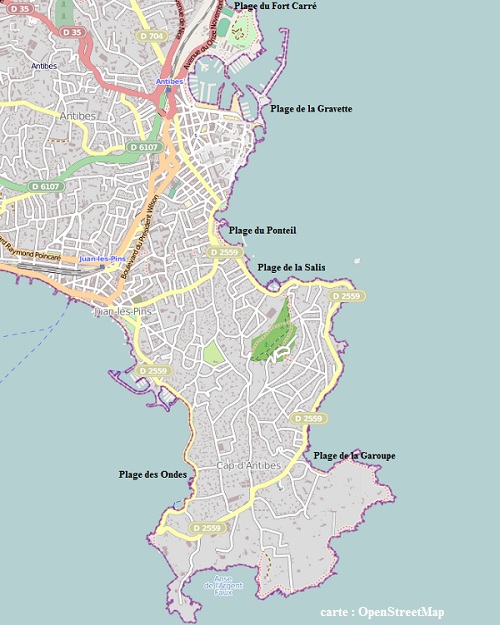 Map of beaches at Antibes