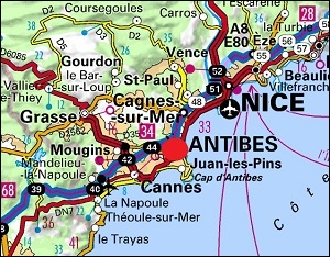 Mappa di Antibes e la zona circostante
