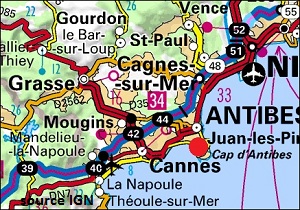 Carte des villes autour du Cap d'Antibes