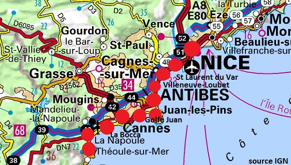 Carte des stations balnéaires sur la Côte d'Azur autour de Cannes et d'Antibes