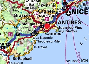 Carte de Vallauris sur la Côte d'Azur